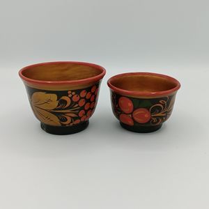 Set of 2 Vintage Khokhloma Russian Wooden Hand Painted Bowls